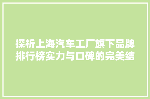 探析上海汽车工厂旗下品牌排行榜实力与口碑的完美结合